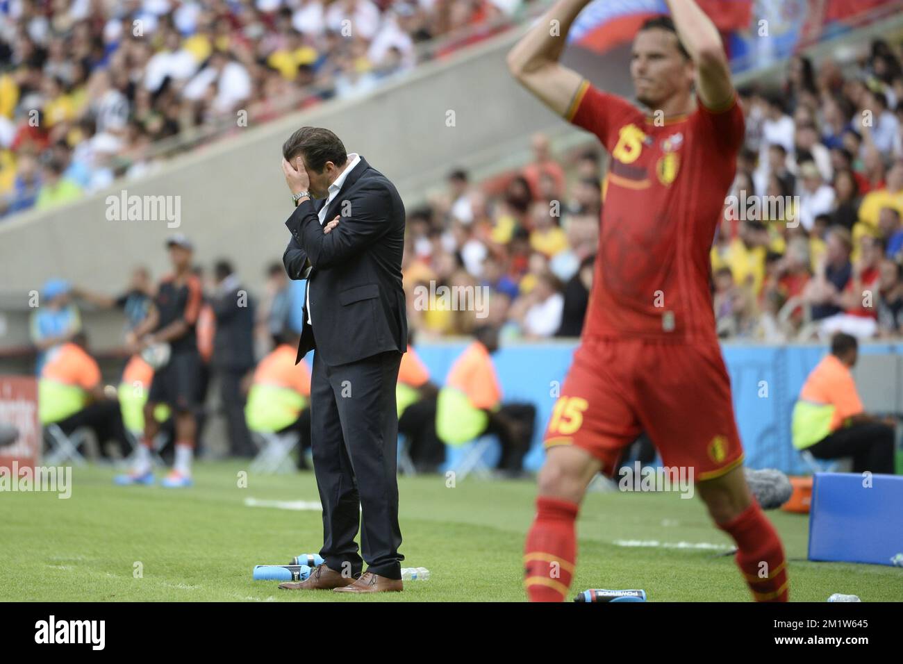 20140622 - RIO DE JANEIRO, BRAZIL: Belgium's head coach Marc Wilmots reacts during a soccer game between Belgian national team The Red Devils and Russia in Rio de Janeiro, Brazil, the second game in Group H of the first round of the 2014 FIFA World Cup, Sunday 22 June 2014.   BELGA PHOTO DIRK WAEM Stock Photo