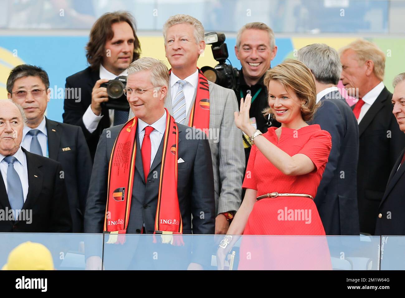 20140622 - RIO DE JANEIRO, BRAZIL: FIFA President Sepp Blatter, King Philippe - Filip of Belgium, Queen Mathilde of Belgium and Outgoing Vice-Minister and Defence Minister Pieter De Crem seen at a soccer game between Belgian national team The Red Devils and Russia in Rio de Janeiro, Brazil, the second game in Group H of the first round of the 2014 FIFA World Cup, Sunday 22 June 2014. BELGA PHOTO BRUNO FAHY Stock Photo