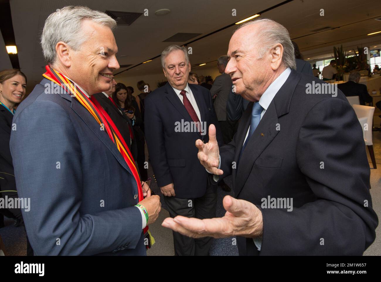 20140622 - RIO DE JANEIRO, BRAZIL: Outgoing Vice-Prime Minister and Foreign Minister Didier Reynders and FIFA President Sepp Blatter pictured prior to a soccer game between Belgian national team The Red Devils and Russia in Rio de Janeiro, Brazil, the second game in Group H of the first round of the 2014 FIFA World Cup, Sunday 22 June 2014.   BELGA PHOTO BENOIT DOPPAGNE Stock Photo