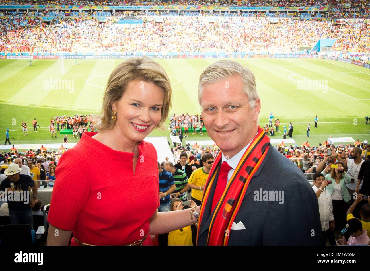 20140622 - RIO DE JANEIRO, BRAZIL: Queen Mathilde of Belgium and King Philippe - Filip of Belgium seen in the stand at the start of a soccer game between Belgian national team The Red Devils and Russia in Rio de Janeiro, Brazil, the second game in Group H of the first round of the 2014 FIFA World Cup, Sunday 22 June 2014.   BELGA PHOTO BENOIT DOPPAGNE Stock Photo