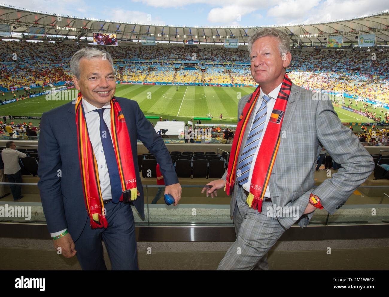 20140622 - RIO DE JANEIRO, BRAZIL: Outgoing Vice-Prime Minister and Foreign Minister Didier Reynders and Outgoing Vice-Minister and Defence Minister Pieter De Crem pictured at a soccer game between Belgian national team The Red Devils and Russia in Rio de Janeiro, Brazil, the second game in Group H of the first round of the 2014 FIFA World Cup, Sunday 22 June 2014.   BELGA PHOTO BENOIT DOPPAGNE Stock Photo