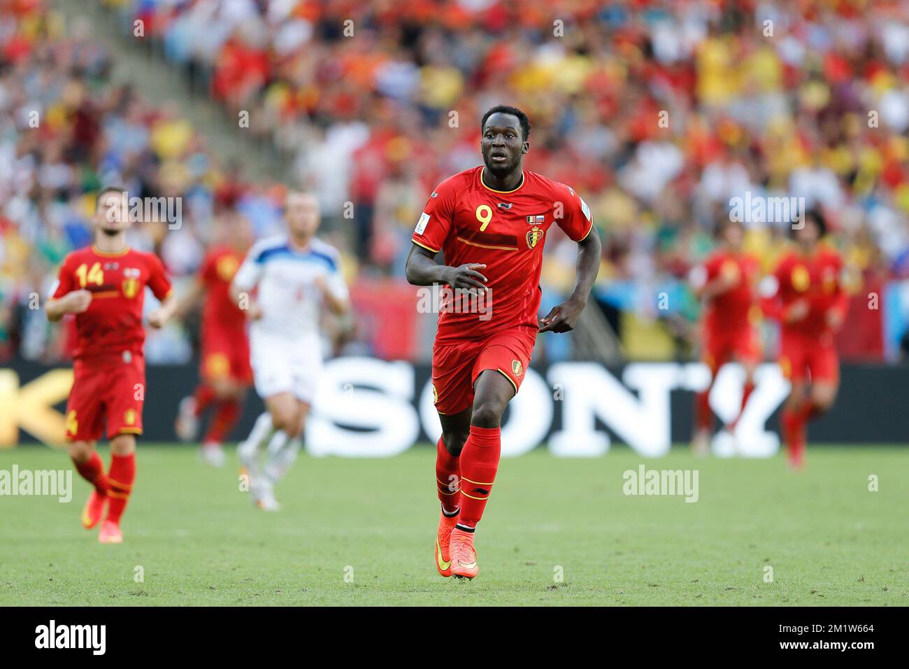 20140622 - RIO DE JANEIRO, BRAZIL: Belgium's Romelu Lukaku pictured during a soccer game between Belgian national team The Red Devils and Russia in Rio de Janeiro, Brazil, the second game in Group H of the first round of the 2014 FIFA World Cup, Sunday 22 June 2014. BELGA PHOTO BRUNO FAHY Stock Photo
