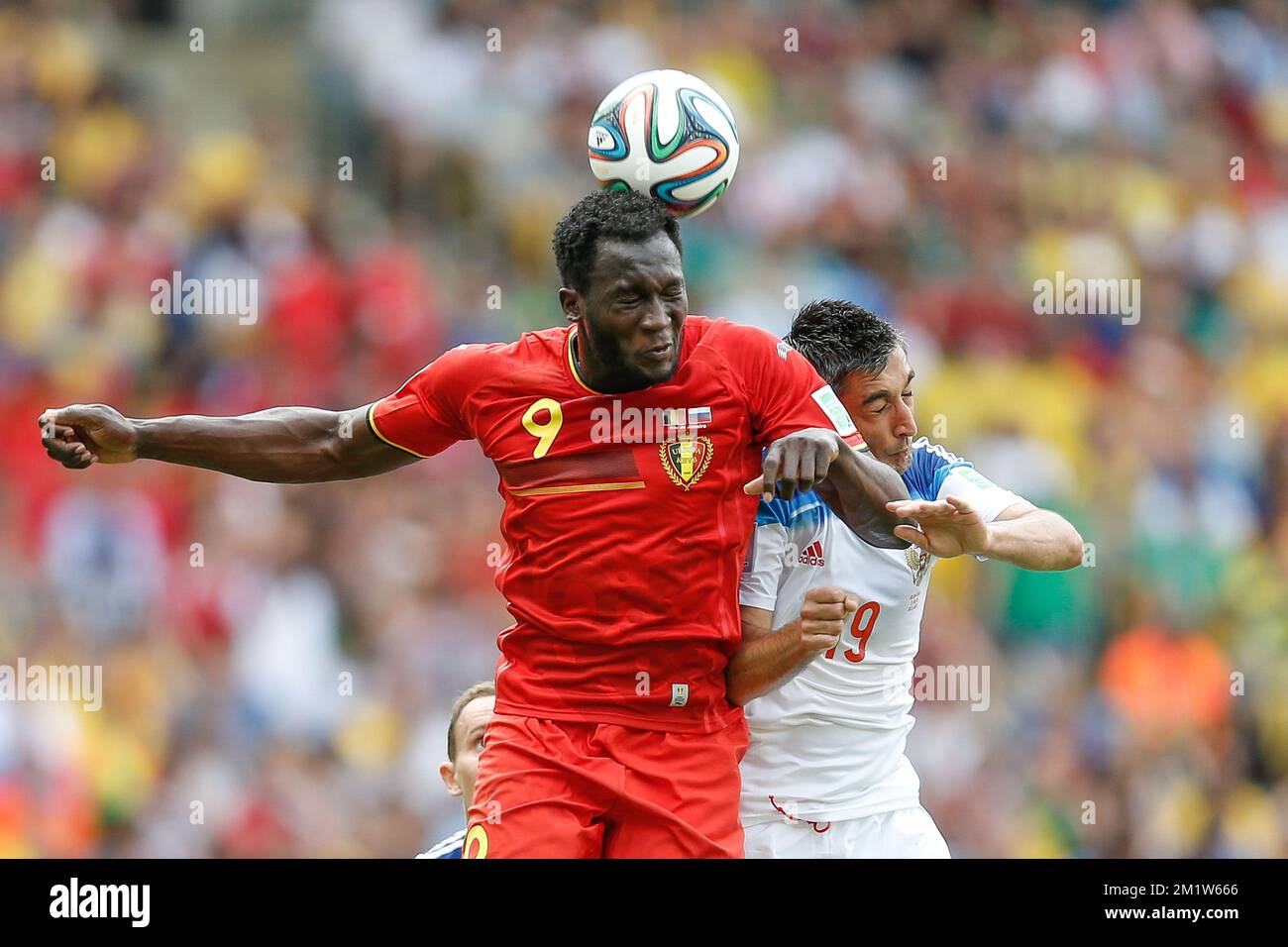 20140622 - RIO DE JANEIRO, BRAZIL: Belgium's Romelu Lukaku and Russia's Aleksandr Samedov fight for the ball during a soccer game between Belgian national team The Red Devils and Russia in Rio de Janeiro, Brazil, the second game in Group H of the first round of the 2014 FIFA World Cup, Sunday 22 June 2014. BELGA PHOTO BRUNO FAHY Stock Photo