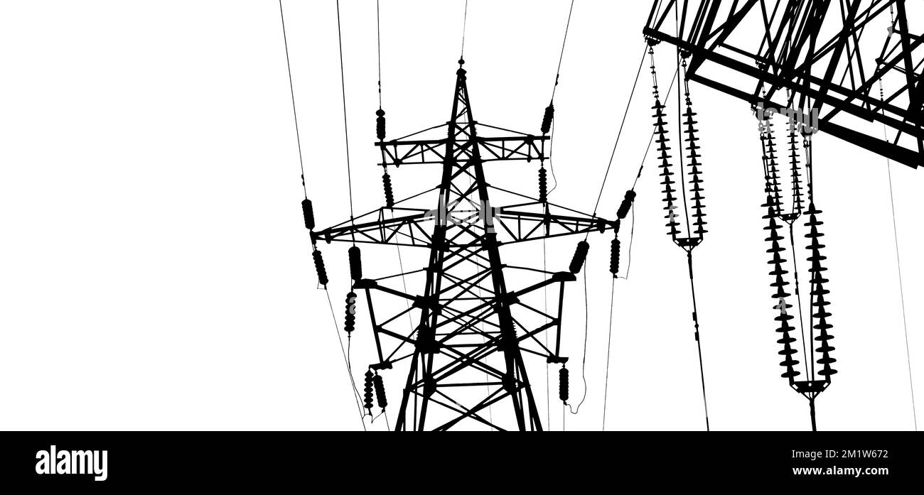 Electricity pylon (high voltage power line), black contour, isolated