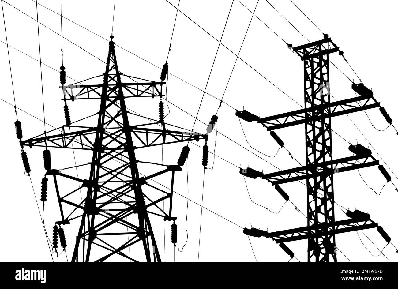 Electricity pylon (high voltage power line), black contour, isolated, on a white background