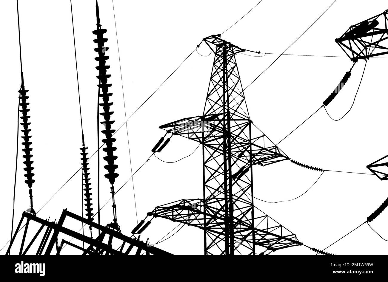 Electricity pylon (high voltage power line), black contour, isolated