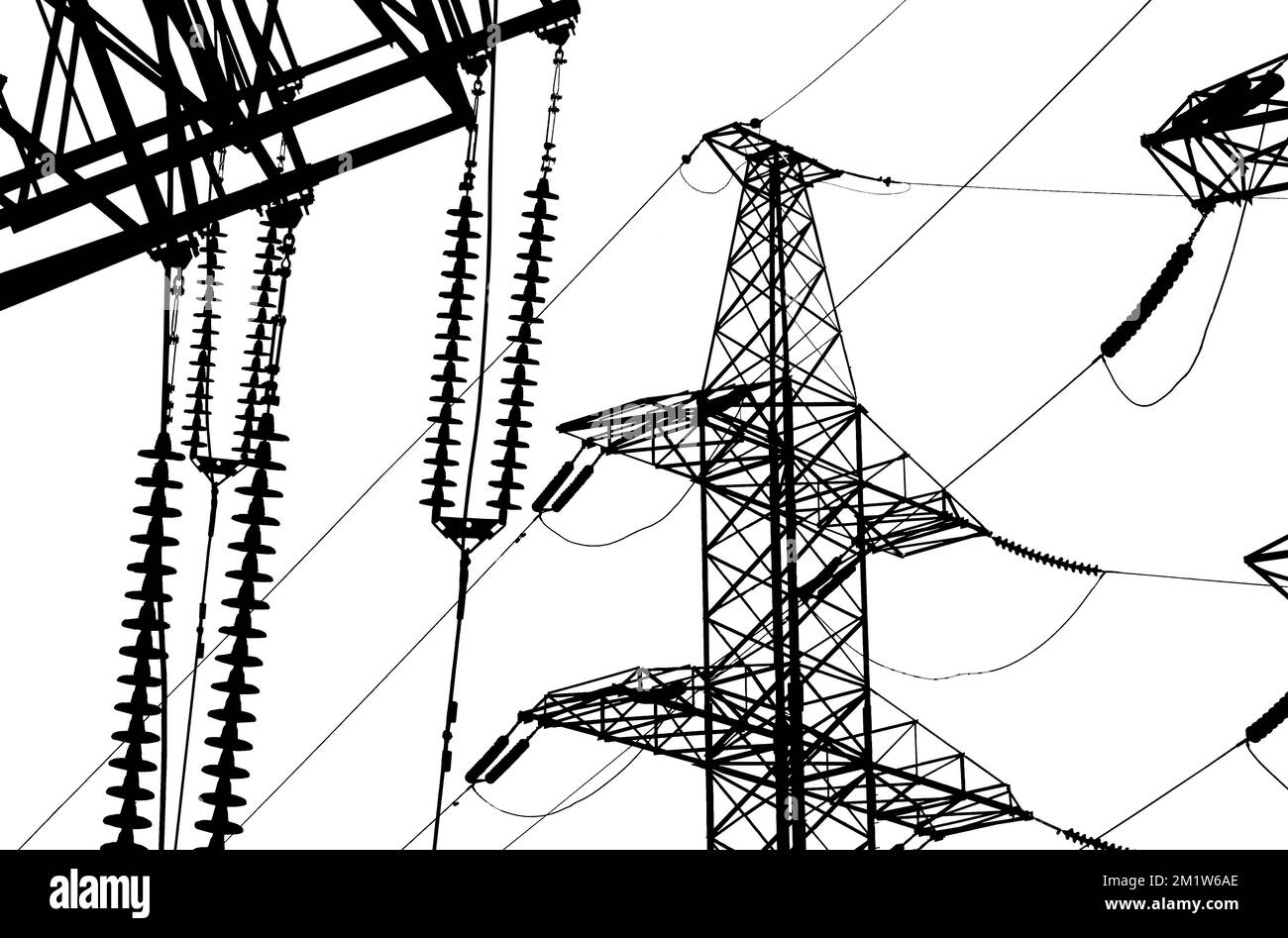 Electricity pylon (high voltage power line), black contour, isolated