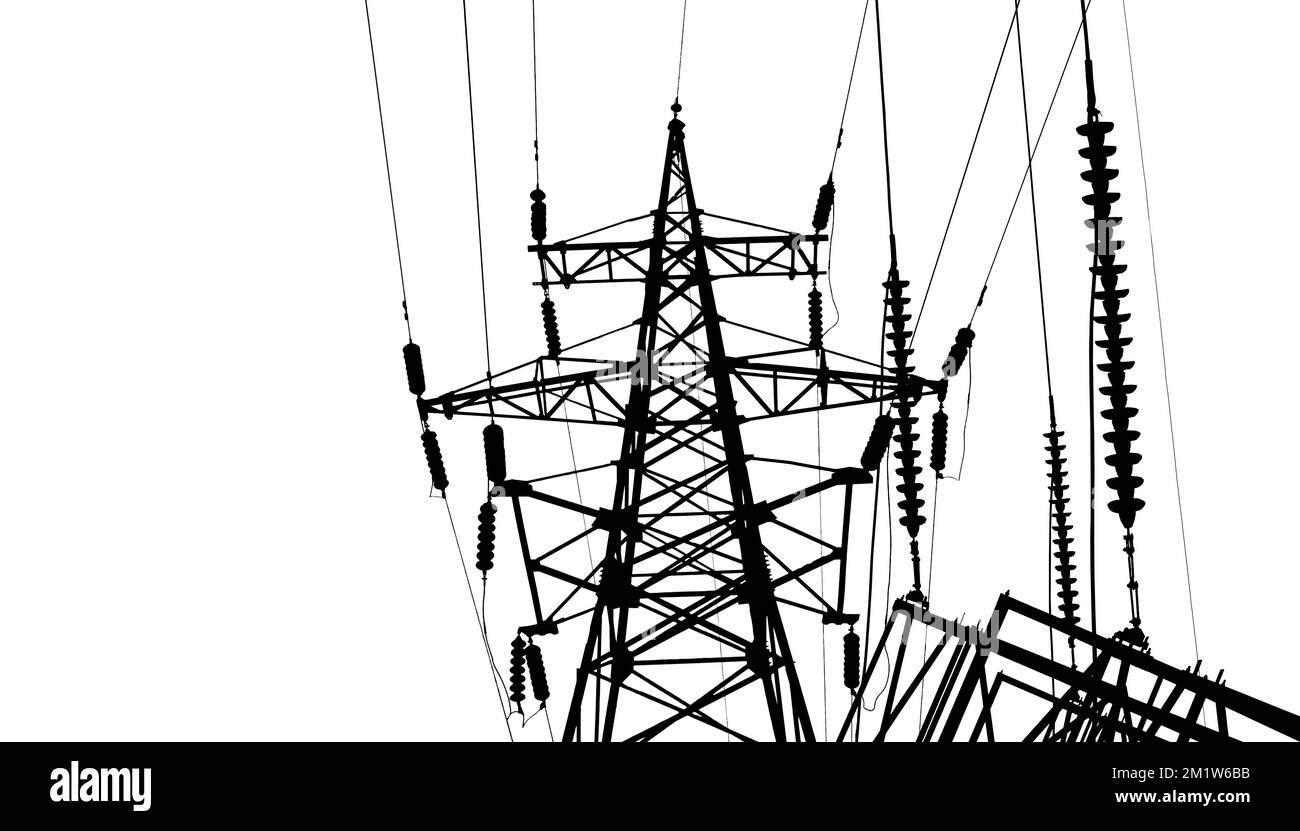 Electricity pylon (high voltage power line), black contour, isolated