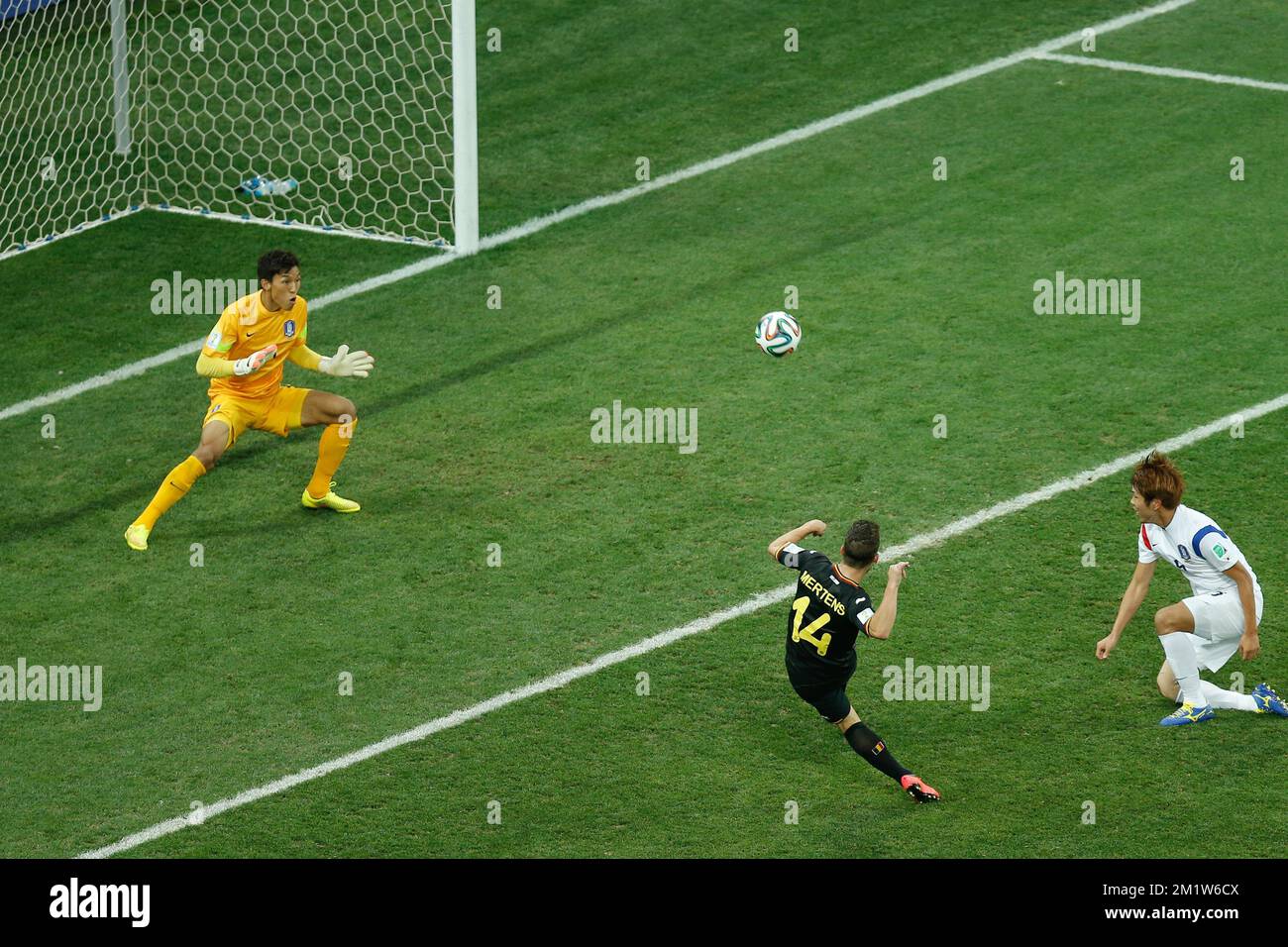 20140626 - SAO PAULO, BRAZIL: Belgium's Dries Mertens kicks the ball to South Korea's goalkeeper Seunggyu SG Kim during the match between Belgian national soccer team Red Devils and South-Korea, third match in group H, in the stadium 'Arena de Sao Paulo', in Itaquera, Sao Paulo, Brazil, during the 2014 FIFA World Cup, Thursday 26 June 2014. The Red Devils lead their group H with two victories. BELGA PHOTO BRUNO FAHY Stock Photo