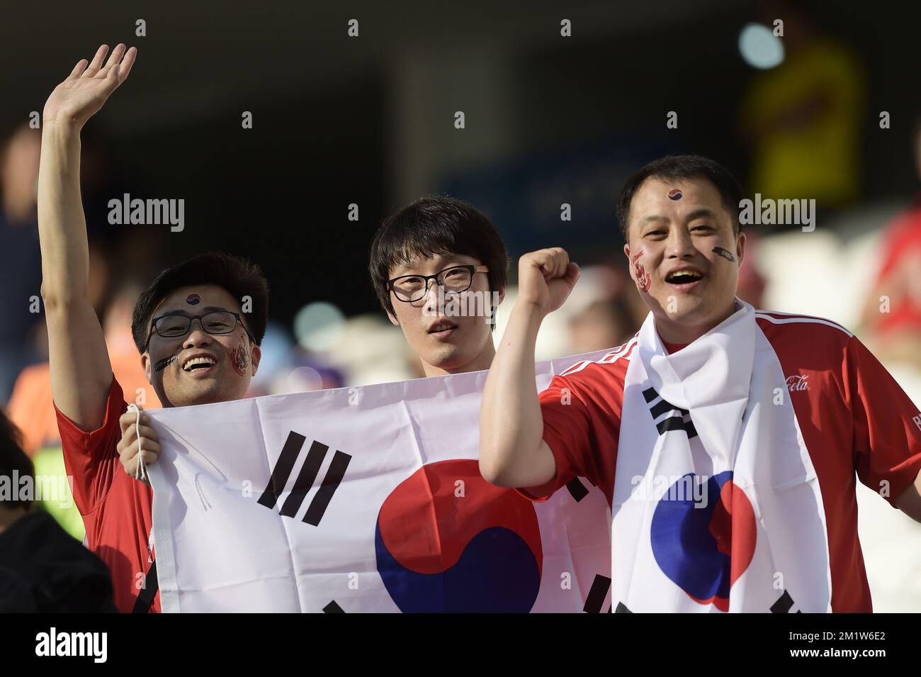 20140626 - SAO PAULO, BRAZIL: Korean fans pictured before the match between Belgian national soccer team Red Devils and South-Korea, third match in group H, in the stadium 'Arena de Sao Paulo', in Itaquera, Sao Paulo, Brazil, during the 2014 FIFA World Cup, Thursday 26 June 2014. The Red Devils lead their group H with two victories. BELGA PHOTO YORICK JANSENS Stock Photo