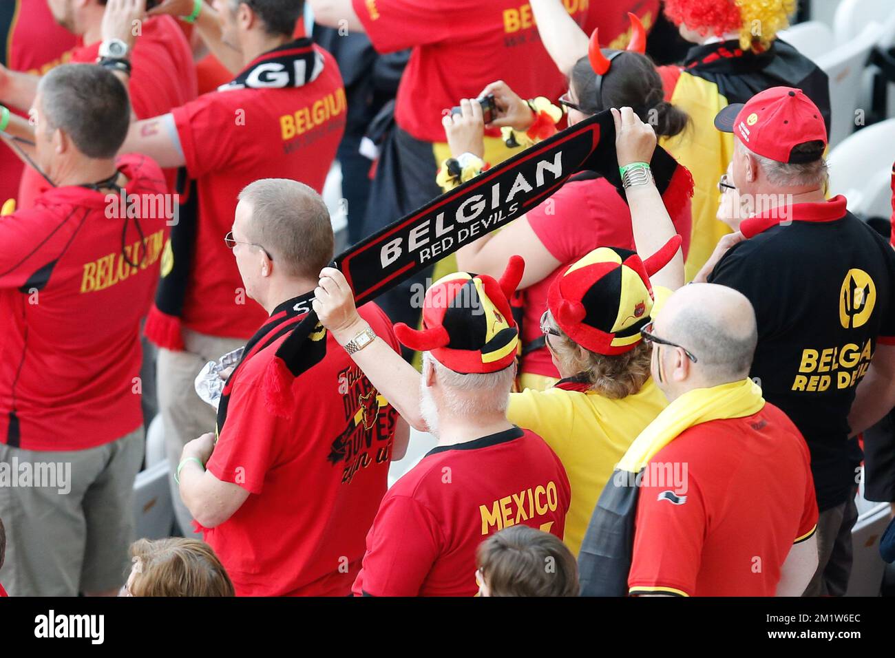 20140626 - SAO PAULO, BRAZIL: Red Devils' supporters pictured before the match between Belgian national soccer team Red Devils and South-Korea, third match in group H, in the stadium 'Arena de Sao Paulo', in Itaquera, Sao Paulo, Brazil, during the 2014 FIFA World Cup, Thursday 26 June 2014. The Red Devils lead their group H with two victories. BELGA PHOTO BRUNO FAHY Stock Photo