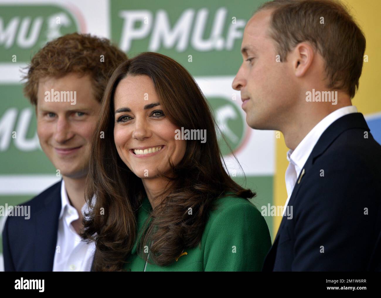 Britain's Prince Harry, Princess Kate and Prince William pictured on the podium of the first stage of the 101st edition of the Tour de France cycling race, 190,5 km from Leeds to Harrogate, United Kingdom on Saturday 05 July 2014. BELGA PHOTO POOL FRED MONS Stock Photo