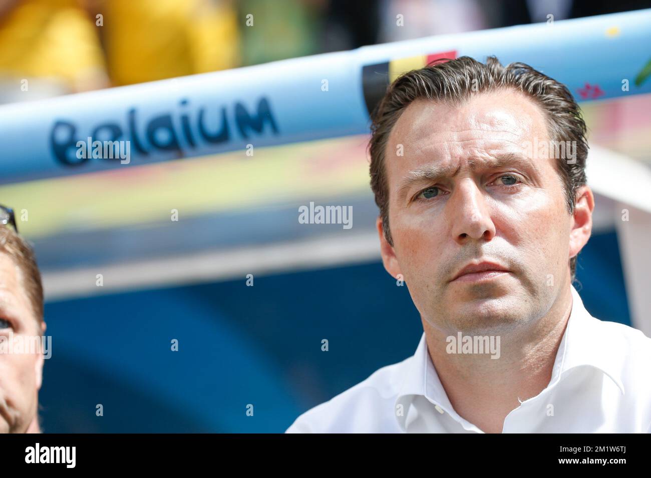 Belgium's head coach Marc Wilmots pictured prior to the quarter final match between Belgian national soccer team Red Devils and Argentina, in Estadio Nacional Mane Garrincha, in Brasilia, Brazil, during the 2014 FIFA World Cup, Saturday 05 July 2014. BELGA PHOTO BRUNO FAHY Stock Photo