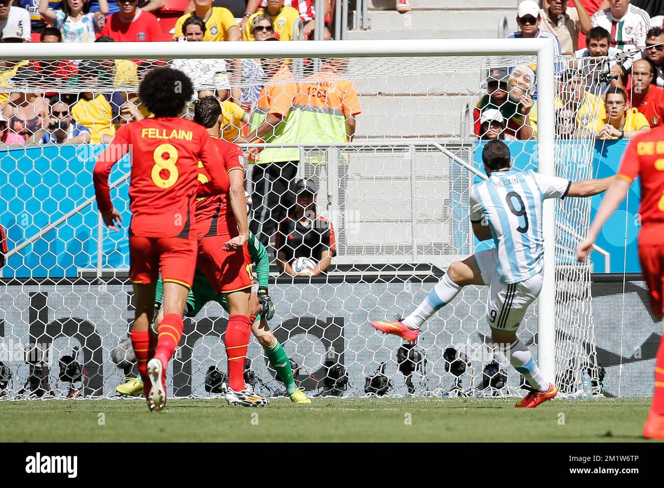 Argentina's Gonzalo Higuain scores the 1-0 goal during the quarter final match between Belgian national soccer team Red Devils and Argentina, in Estadio Nacional Mane Garrincha, in Brasilia, Brazil, during the 2014 FIFA World Cup, Saturday 05 July 2014. BELGA PHOTO BRUNO FAHY Stock Photo