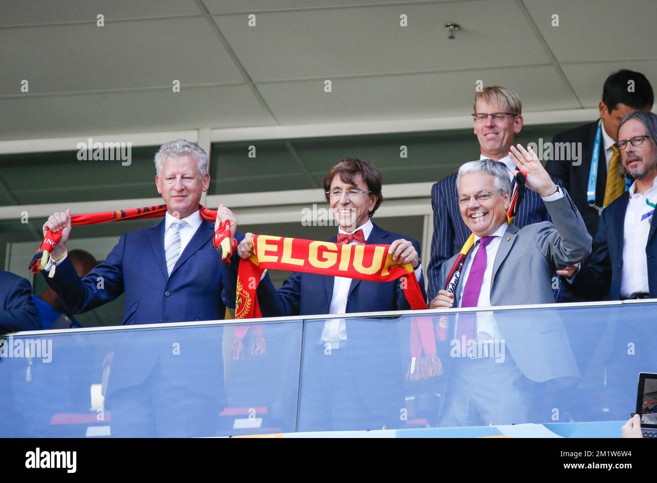 Outgoing Vice-Minister and Defence Minister Pieter De Crem, Outgoing Prime Minister Elio Di Rupo and Outgoing Vice-Prime Minister and Foreign Minister Didier Reynders pictured during the quarter final match between Belgian national soccer team Red Devils and Argentina, in Estadio Nacional Mane Garrincha, in Brasilia, Brazil, during the 2014 FIFA World Cup, Saturday 05 July 2014. BELGA PHOTO BRUNO FAHY Stock Photo