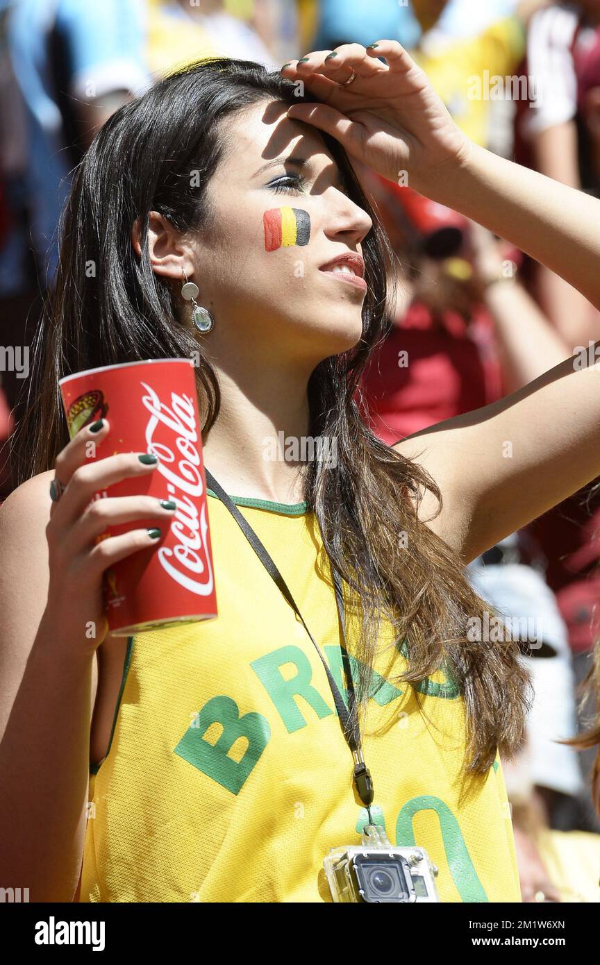Belgium's supporter with Brazilian shirt pictured ahead of the quarter final match between Belgian national soccer team Red Devils and Argentina, in Estadio Nacional Mane Garrincha, in Brasilia, Brazil, during the 2014 FIFA World Cup, Saturday 05 July 2014.  BELGA PHOTO DIRK WAEM Stock Photo