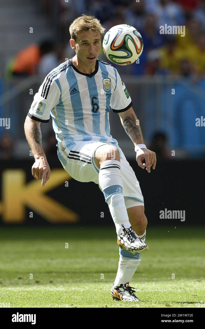 Argentina's Lucas Biglia pictured during the quarter final match between Belgian national soccer team Red Devils and Argentina, in Estadio Nacional Mane Garrincha, in Brasilia, Brazil, during the 2014 FIFA World Cup, Saturday 05 July 2014.  Stock Photo