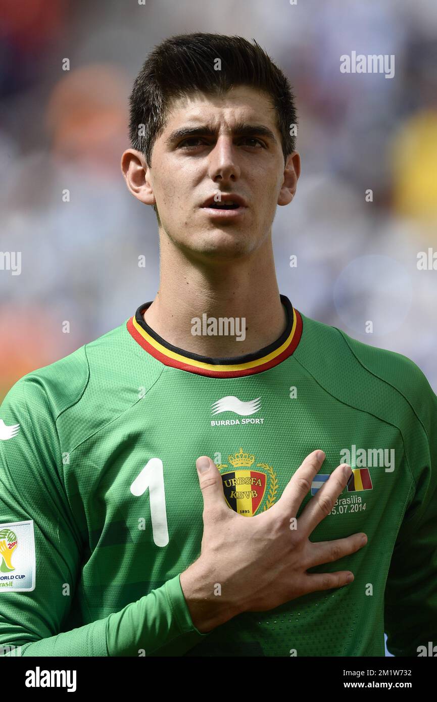 Belgium's goalkeeper Thibaut Courtois pictured during the quarter final match between Belgian national soccer team Red Devils and Argentina, in Estadio Nacional Mane Garrincha, in Brasilia, Brazil, during the 2014 FIFA World Cup, Saturday 05 July 2014.  Stock Photo