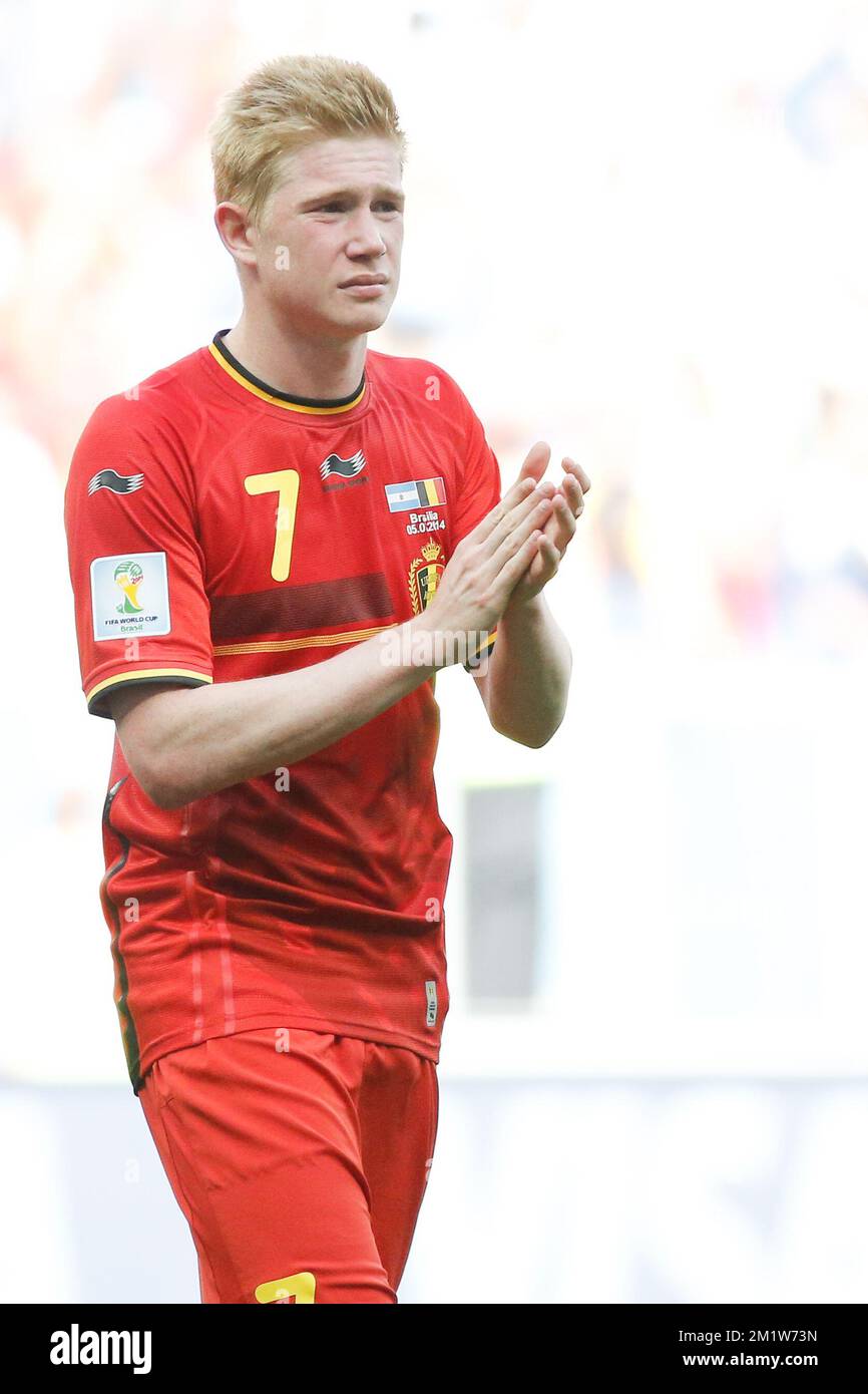 Belgium's Kevin De Bruyne looks dejected after the quarter final match between Belgian national soccer team Red Devils and Argentina, in Estadio Nacional Mane Garrincha, in Brasilia, Brazil, during the 2014 FIFA World Cup, Saturday 05 July 2014.  Stock Photo
