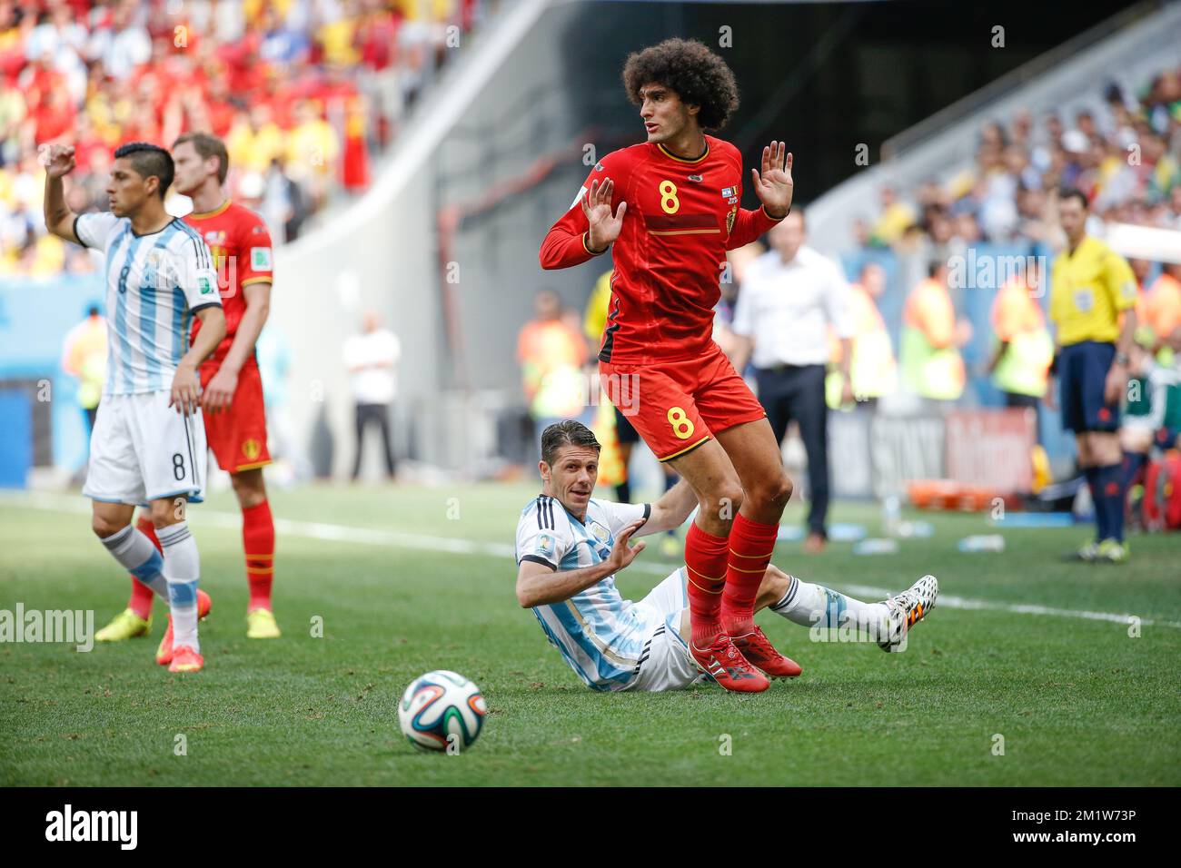 Belgium's Marouane Fellaini pictured during the quarter final match between Belgian national soccer team Red Devils and Argentina, in Estadio Nacional Mane Garrincha, in Brasilia, Brazil, during the 2014 FIFA World Cup, Saturday 05 July 2014.  Stock Photo