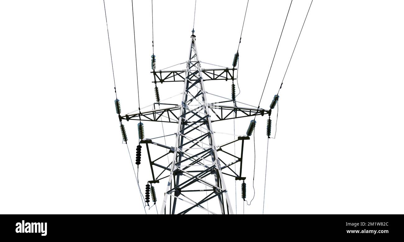 Electricity pylon (high voltage power line) isolated, on a white