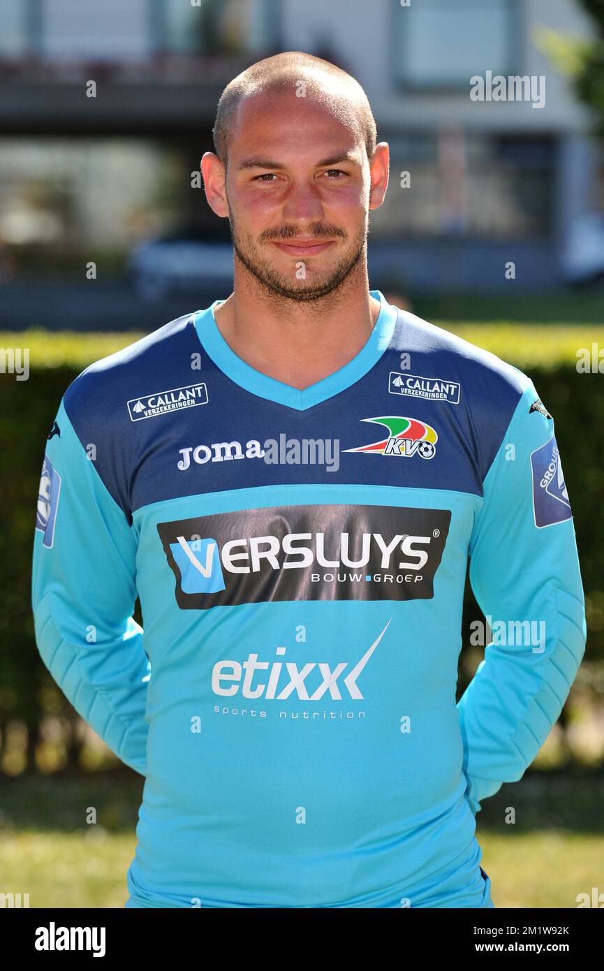 Oostende's goalkeeper Jeremy Dumesnil poses for the photographer during the 2014-2015 season photo shoot of Belgian first league soccer team KV Oostende, Thursday 03 July 2014 in Oostende.  Stock Photo