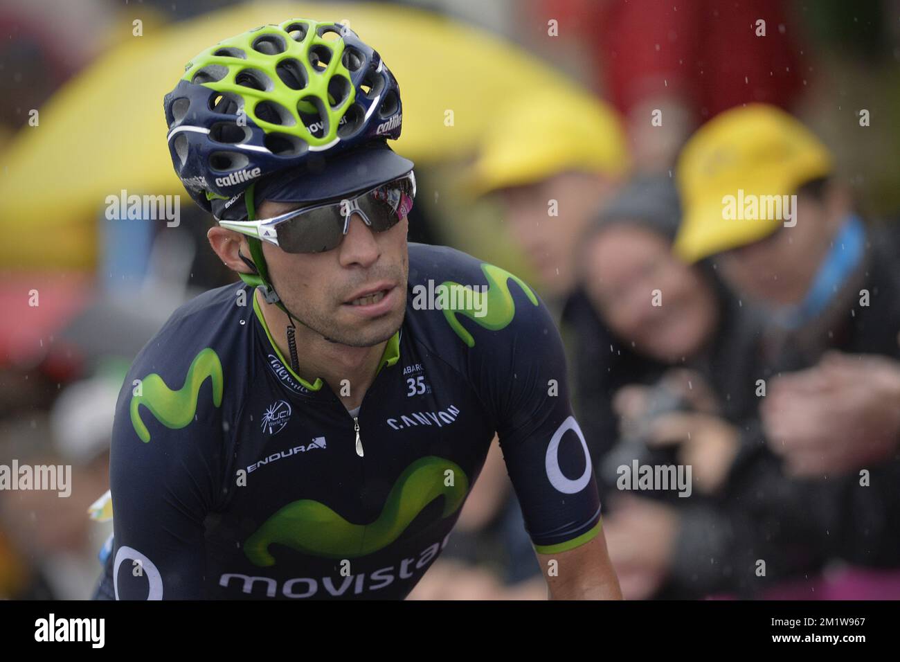 Italian Giovanni Visconti of Movistar Team pictured in action during stage 8 of the 101st edition of the Tour de France cycling race, 161 km from Tomblaine to Gerardmer, on Saturday 12 July 2014, in France.  Stock Photo