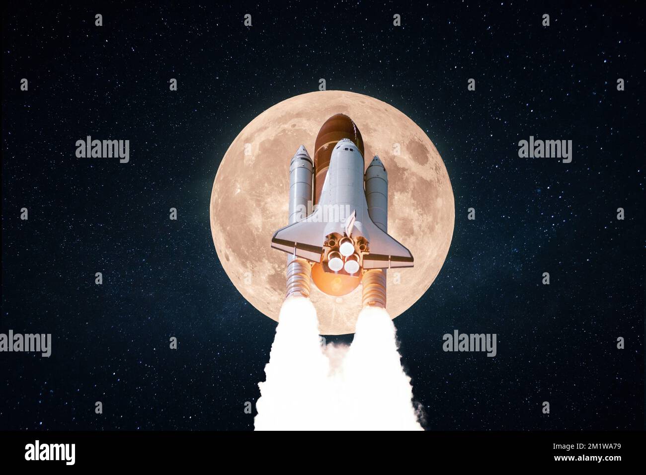 New space rocket shuttle with blast takes off into starry space with full amazing moon. Successful launch and lift on spacecraft to the moon. Start sp Stock Photo