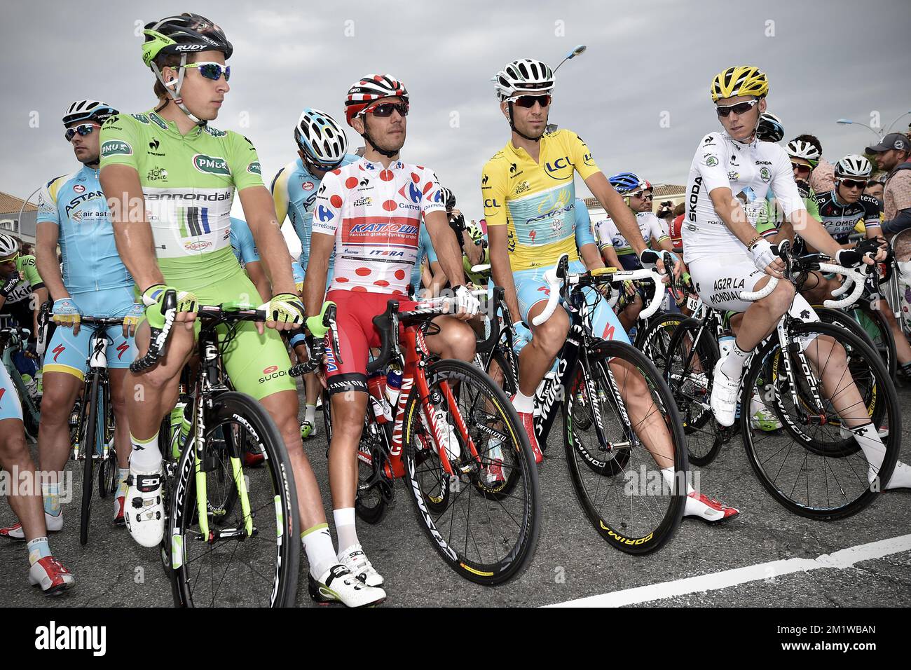 Slovakian Peter Sagan of Cannondale Pro Cycling wearing the green jersey of  leader in the sprint ranking, Spanish Joaquim Rodriguez of Team Katusha  wearing the red polka-dot jersey for best climber, ,