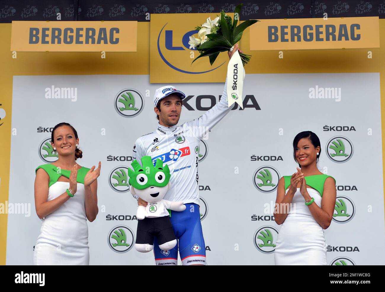 20140724 - HAUTACAM, FRANCE: French Thibaut Pinot of FDJ wearing the white jersey for best young rider after stage 18 of the 101st edition of the Tour de France cycling race, 145,5 km from Pau to Hautacam, France, on Thursday 24 July 2014. BELGA PHOTO YUZURU SUNADA Stock Photo