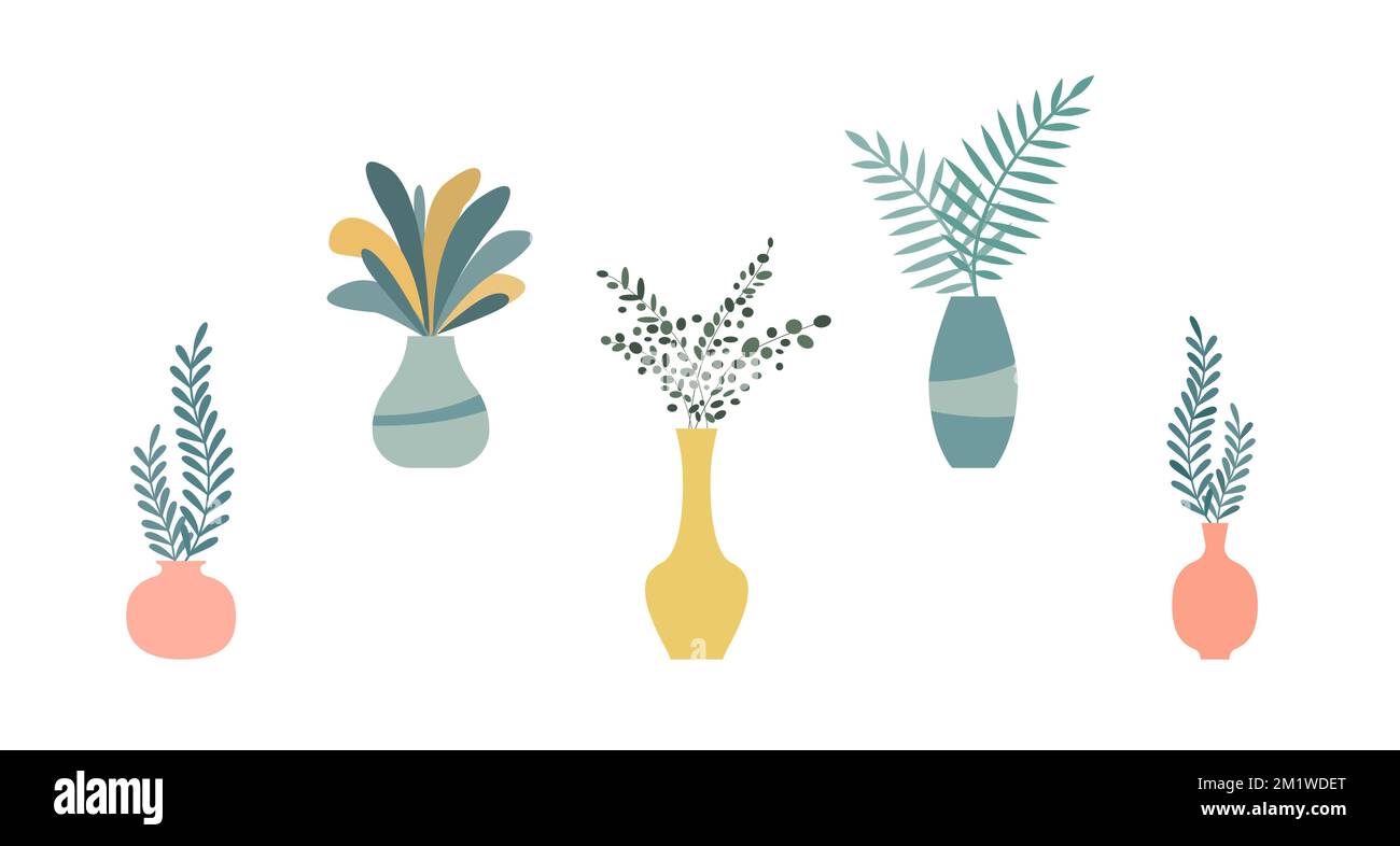 Set of cute Flowers and plants in vases. House plants in vases. Stock Vector