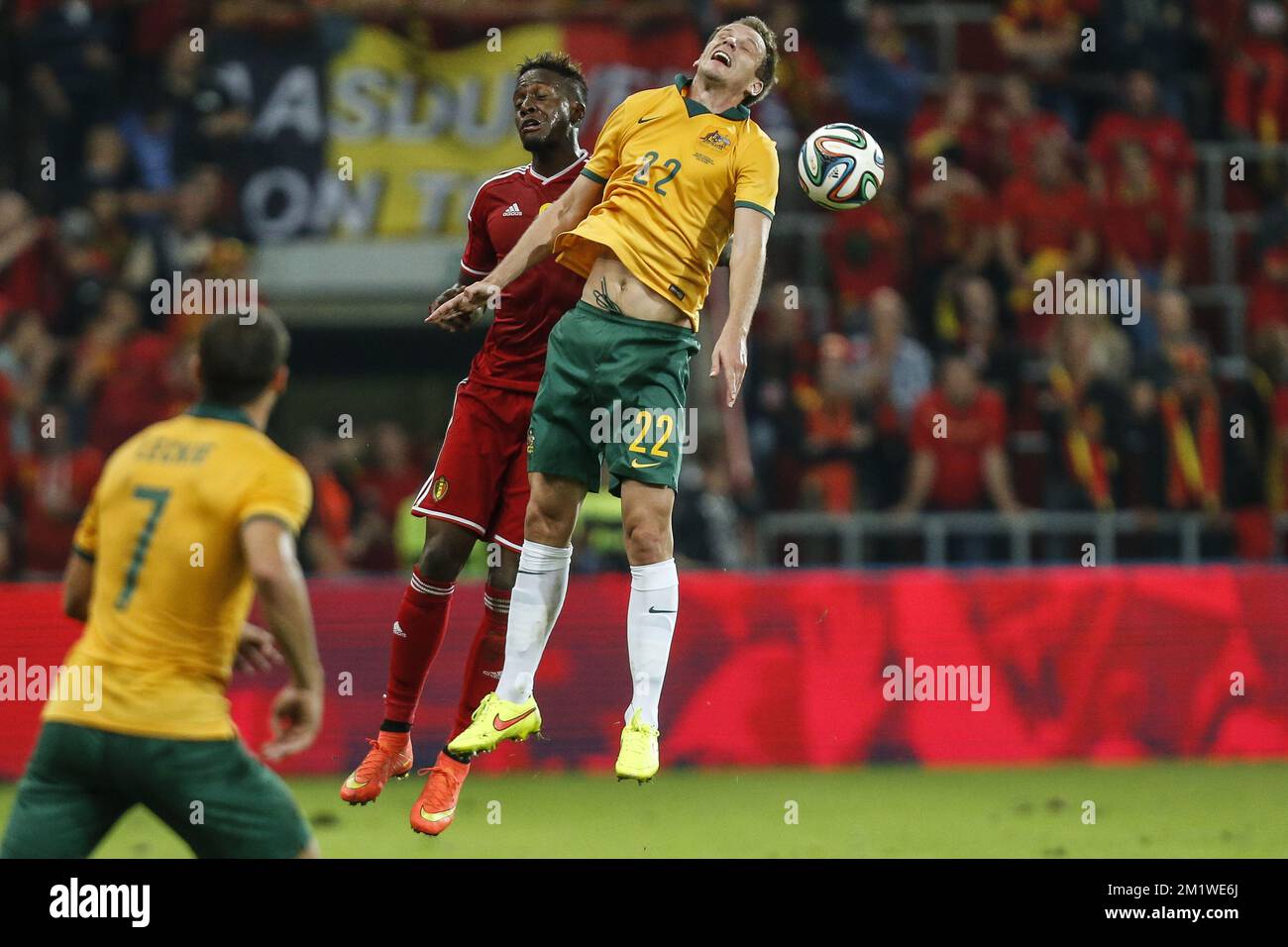 20140904 - BRUSSELS, BELGIUM: Belgium's Divock Origi and Australia's Alex Wilkinson pictured in action during a friendly game between Belgian national soccer team Red Devils and Australian national soccer team Socceroos, Thursday 04 September 2014, in Brussels. BELGA PHOTO THIERRY ROGE Stock Photo