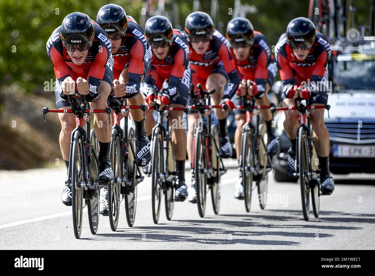 BMC Racing Team riders pictured during the men's team time trial at the UCI World Cycling championships in Ponferrada, Spain, Sunday 21 September 2014.  Stock Photo