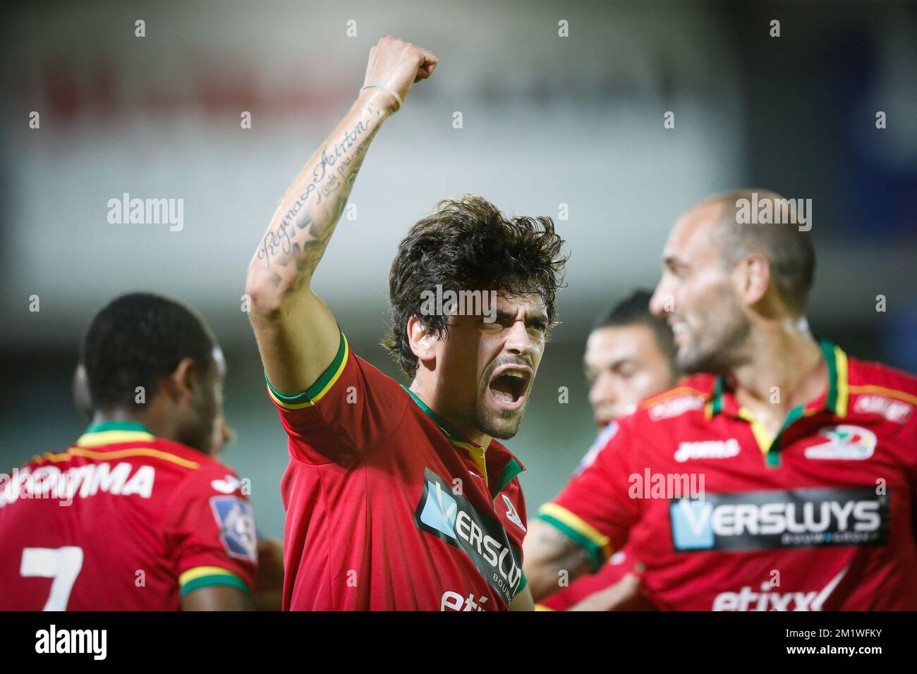 20140928 - OOSTENDE, BELGIUM: Oostende's Fernando Canesin celebrates during the Jupiler Pro League match between KV Oostende and Club Brugge, in Oostende, Sunday 28 September 2014, on the ninth day of the Belgian soccer championship. BELGA PHOTO BRUNO FAHY Stock Photo
