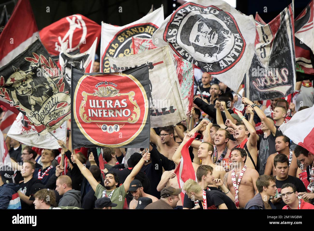 Standard's supporters pictured before a soccer game between Dutch club Feyenoord Rotterdam and Belgian first division team Standard de Liege, in the 'De Kuip' stadium in Rotterdam, Netherlands, Thursday 02 October 2014, the second game in the group stage of the UEFA Europa League, in group G.  Stock Photo