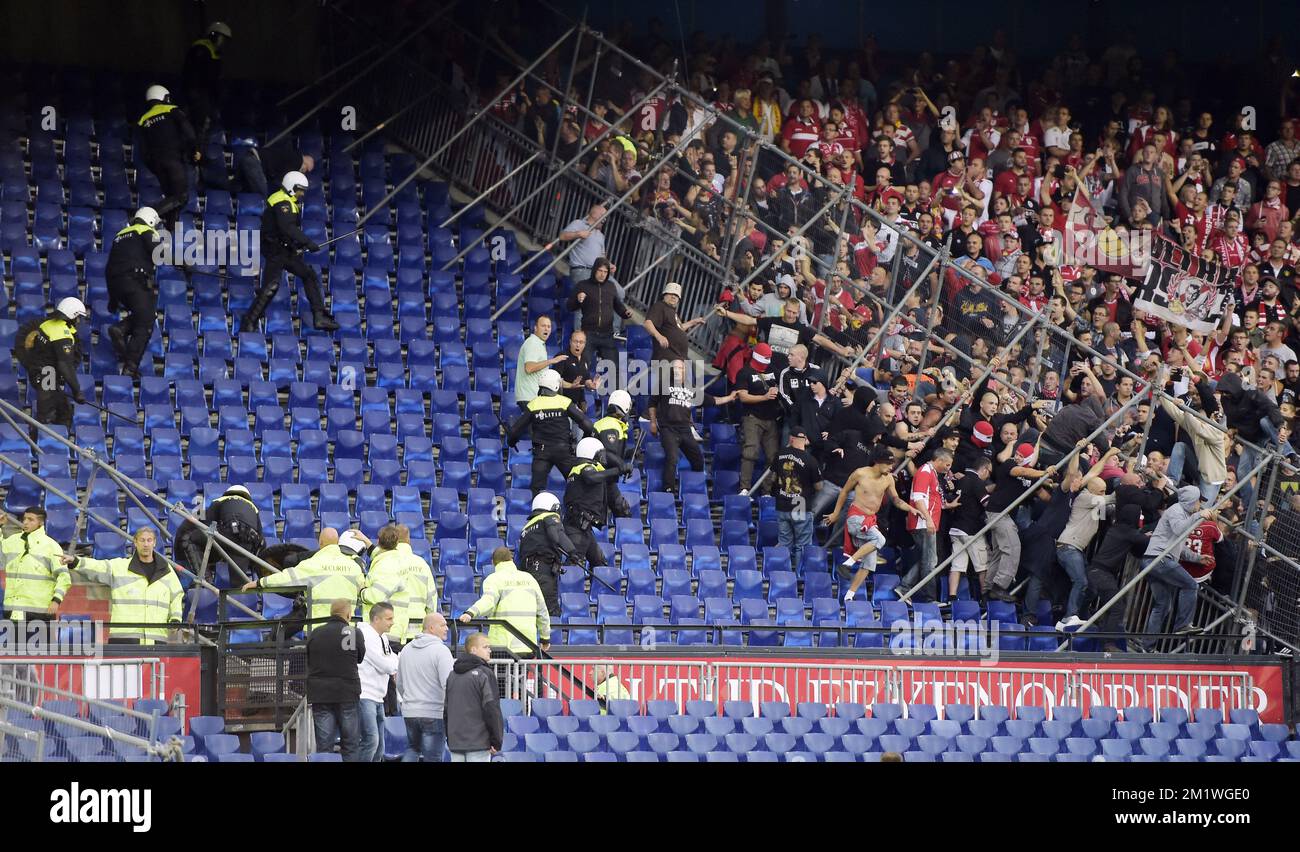 Standard's supporters pictured before a soccer game between Dutch club Feyenoord Rotterdam and Belgian first division team Standard de Liege, in the 'De Kuip' stadium in Rotterdam, Netherlands, Thursday 02 October 2014, the second game in the group stage of the UEFA Europa League, in group G. Stock Photo