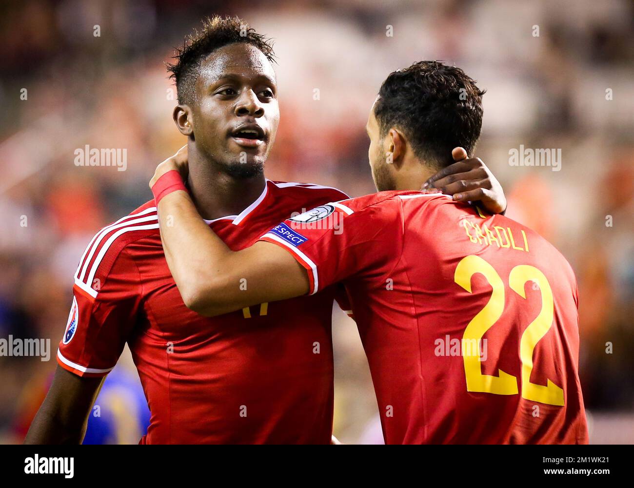 20141010 BRUSSELS, BELGIUM Belgium's Divock Origi and Belgium's Nacer Chadli celebrate after