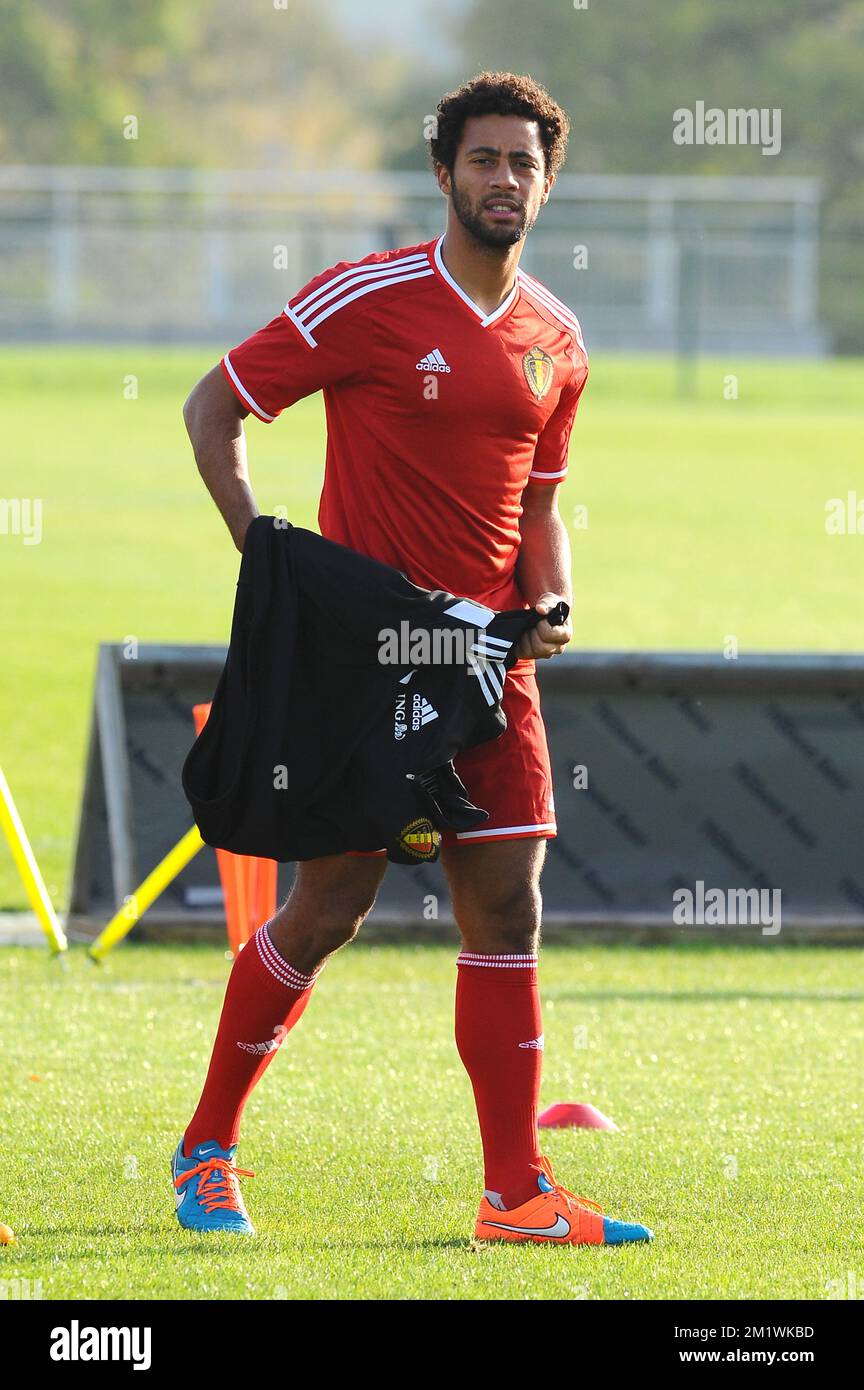 20141011 - BRUSSELS, BELGIUM: Belgium's Moussa Dembele arrives for a training session of Belgian national soccer team Red Devils, Saturday 11 October 2014, in Brussels. Belgium will play a Euro 2016 qualification games against Bosnia on October 13th. BELGA PHOTO LUC CLAESSEN Stock Photo