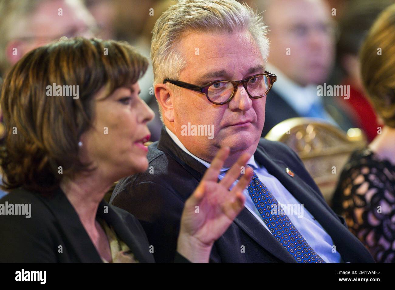 Joelle Milquet and Prince Laurent of Belgium pictured during the autumn concert at the Royal Palace, in Brussels, Wednesday 15 October 2014.  Stock Photo