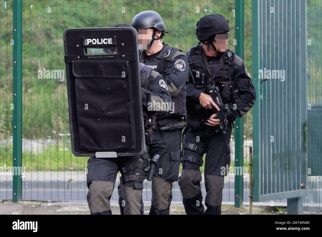 20141020 - LIEGE, BELGIUM: Illustration picture shows police at the Sclessin stadium of Belgian soccer team Standard de Liege, after a robbery took place this morning, Monday 20 October 2014. BELGA PHOTO NICOLAS LAMBERT Stock Photo