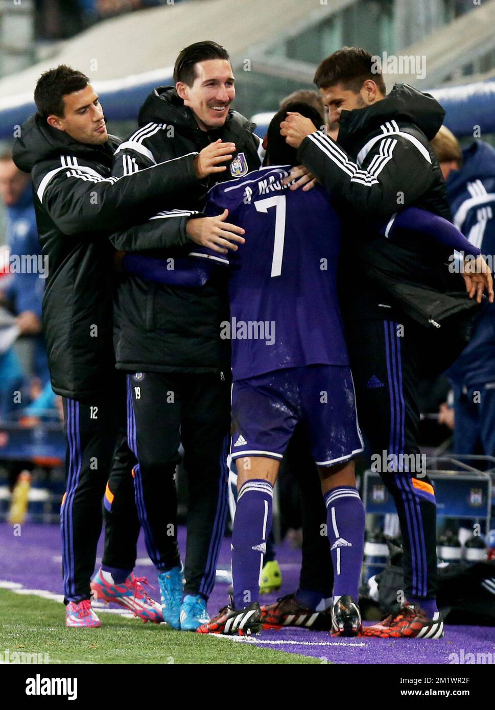 Anderlecht's Matias Suarez, Anderlecht's Sacha Kljestan, Anderlecht's Andy Najar and Anderlecht's Alexandar Mitrovic celebrate after scoring during a third group stage game between RSCA Anderlecht and English team Arsenal, in the group D of the UEFA Champions League competition, Wednesday 22 October 2014. Stock Photo
