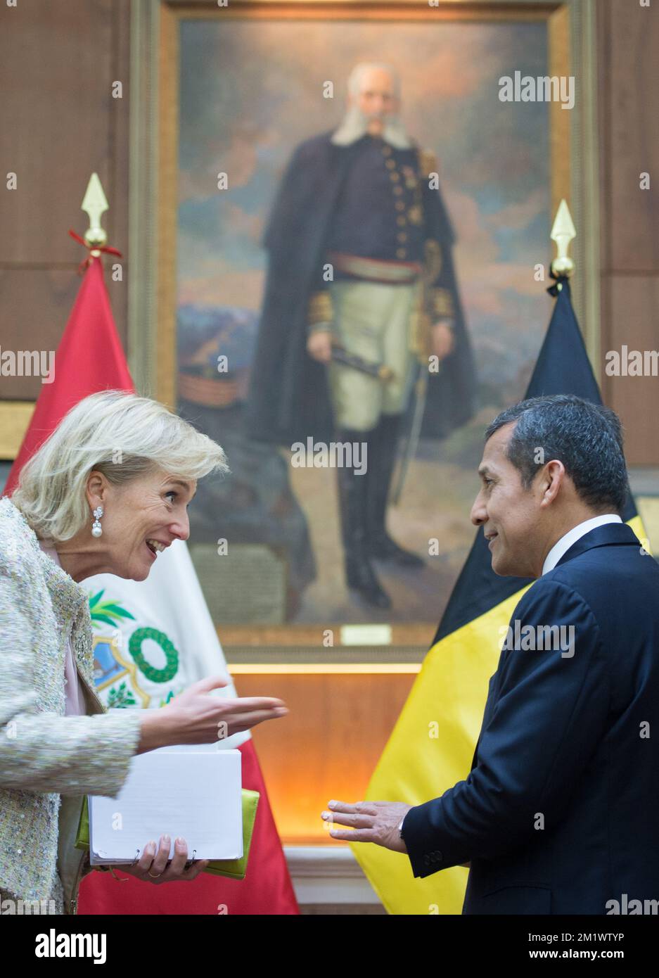 20141023 - LIMA, PERU: Princess Astrid of Belgium talks to Peruvian President Ollanta Humala Tasso on the sixth day of an economic mission of Belgian Princess Astrid and the Foreign Minister to Colombia and Peru from 18 to 25 October, Thursday 23 October 2014 in Peru. BELGA PHOTO BENOIT DOPPAGNE Stock Photo