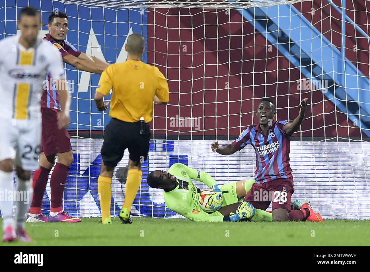 20141023 - TRABZON, TURKEY: Lokeren's goalkeeper Barry Boubacar Copa and Trabzonspor's Majeed Waris pictured during a game between Turkish club Trabzonspor AS and Belgian soccer team KSC Lokeren OVL in the Huseyin Avni Aker Stadium in Trabzon, Thursday 23 October 2014. It is the third day of the group stage of the UEFA Europa League competition, in group L. BELGA PHOTO YORICK JANSENS Stock Photo