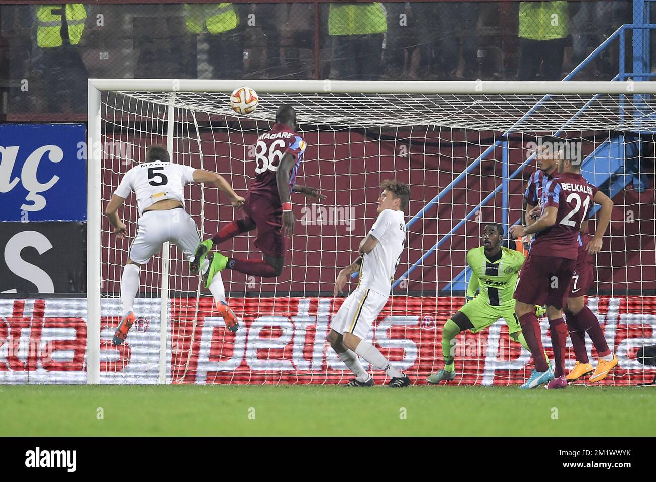20141023 - TRABZON, TURKEY: Trabzonspor's Mustapha Yatabare (C L) scores the 1-0 goal during a game between Turkish club Trabzonspor AS and Belgian soccer team KSC Lokeren OVL in the Huseyin Avni Aker Stadium in Trabzon, Thursday 23 October 2014. It is the third day of the group stage of the UEFA Europa League competition, in group L. BELGA PHOTO YORICK JANSENS Stock Photo