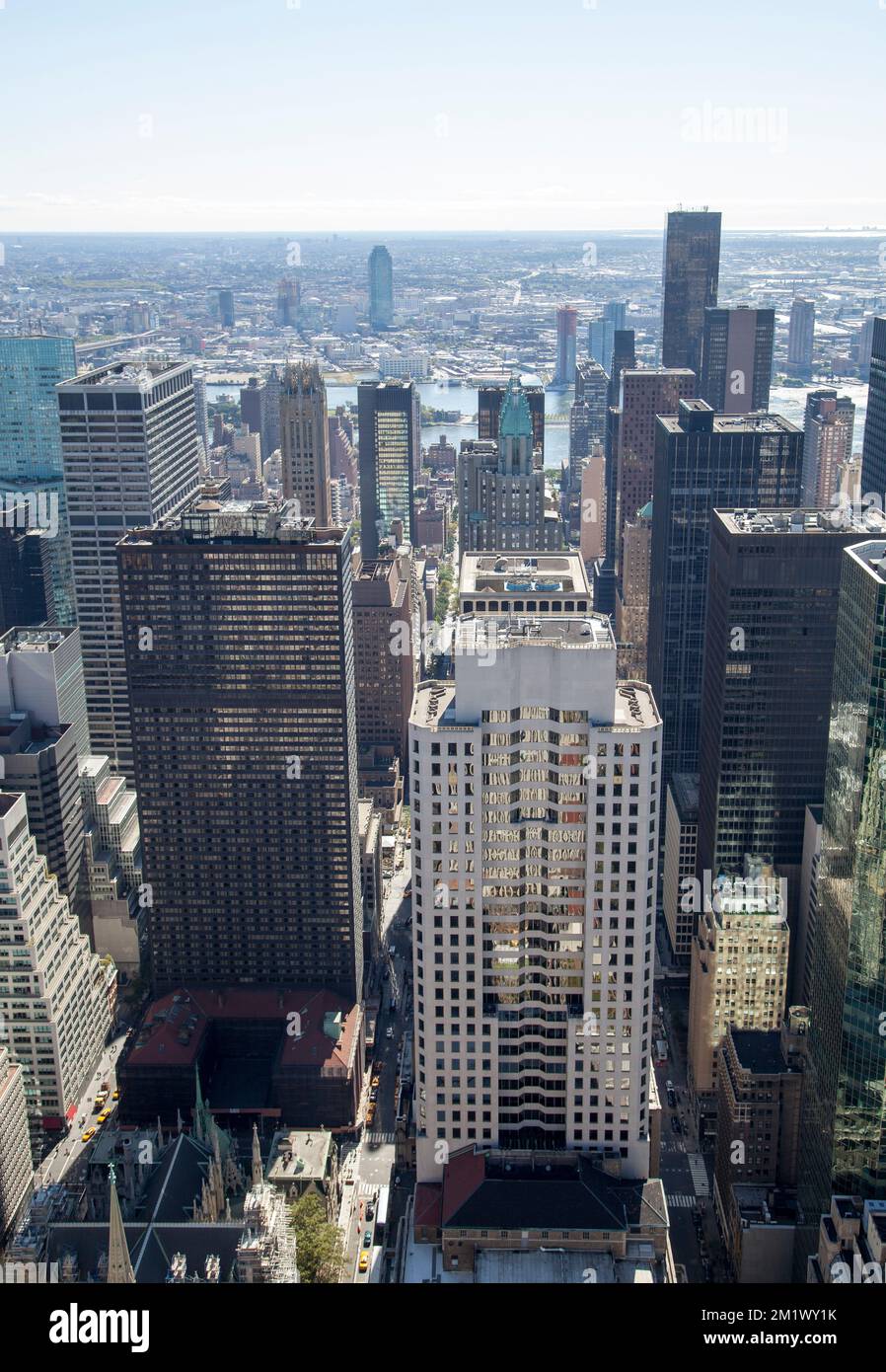 The aerial view of Manhattan Midtown East skyline and Hunters Point district behind East River (New York City). Stock Photo