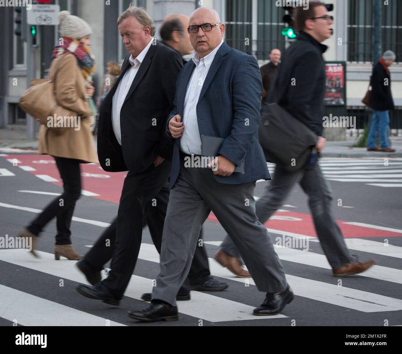 20141106 - BRUSSELS, BELGIUM: ABVV/FGTB general secretary Marc Goblet and chairman Rudy De Leeuw pictured prior a meeting between unions representatives and kern restricted ministers council, after a national demonstration in Brussels, Thursday 06 November 2014. The Belgian unions called for a big demonstration in the Belgian capital to protest against the plans of the Michel I government. BELGA PHOTO LAURIE DIEFFEMBACQ Stock Photo