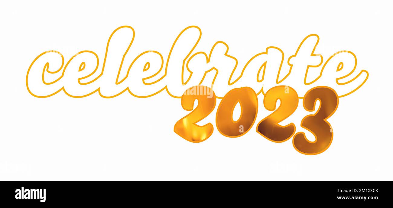 Celebrate 2023 in gold and white typography for New Year invite, banner, poster, card, background, cover, header, leaderboard. Stock Photo
