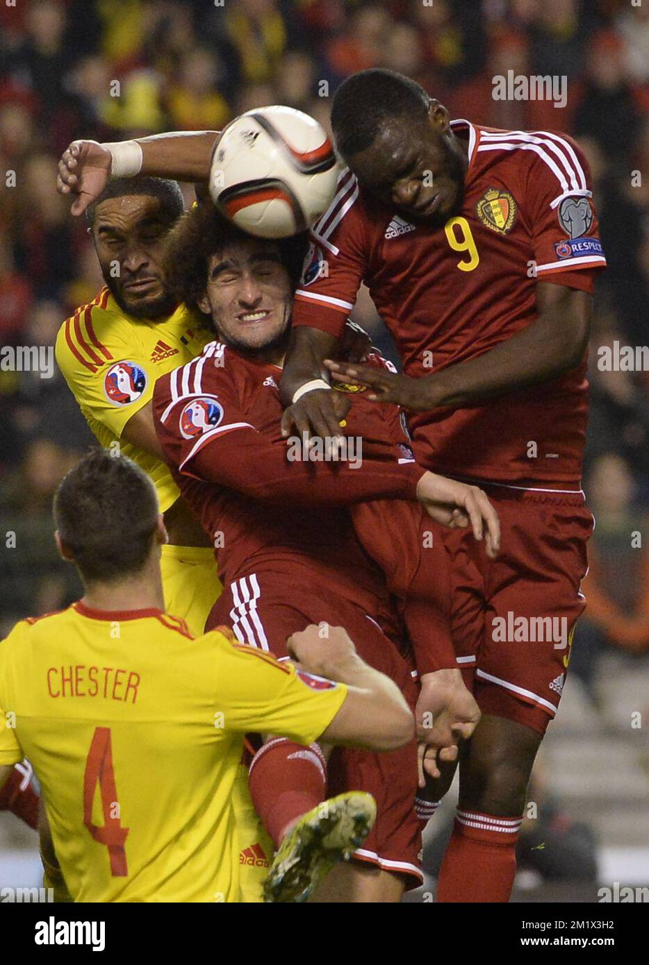 Belgium's Marouane Fellaini and Belgium's Christian Benteke battle for the ball Stock Photo