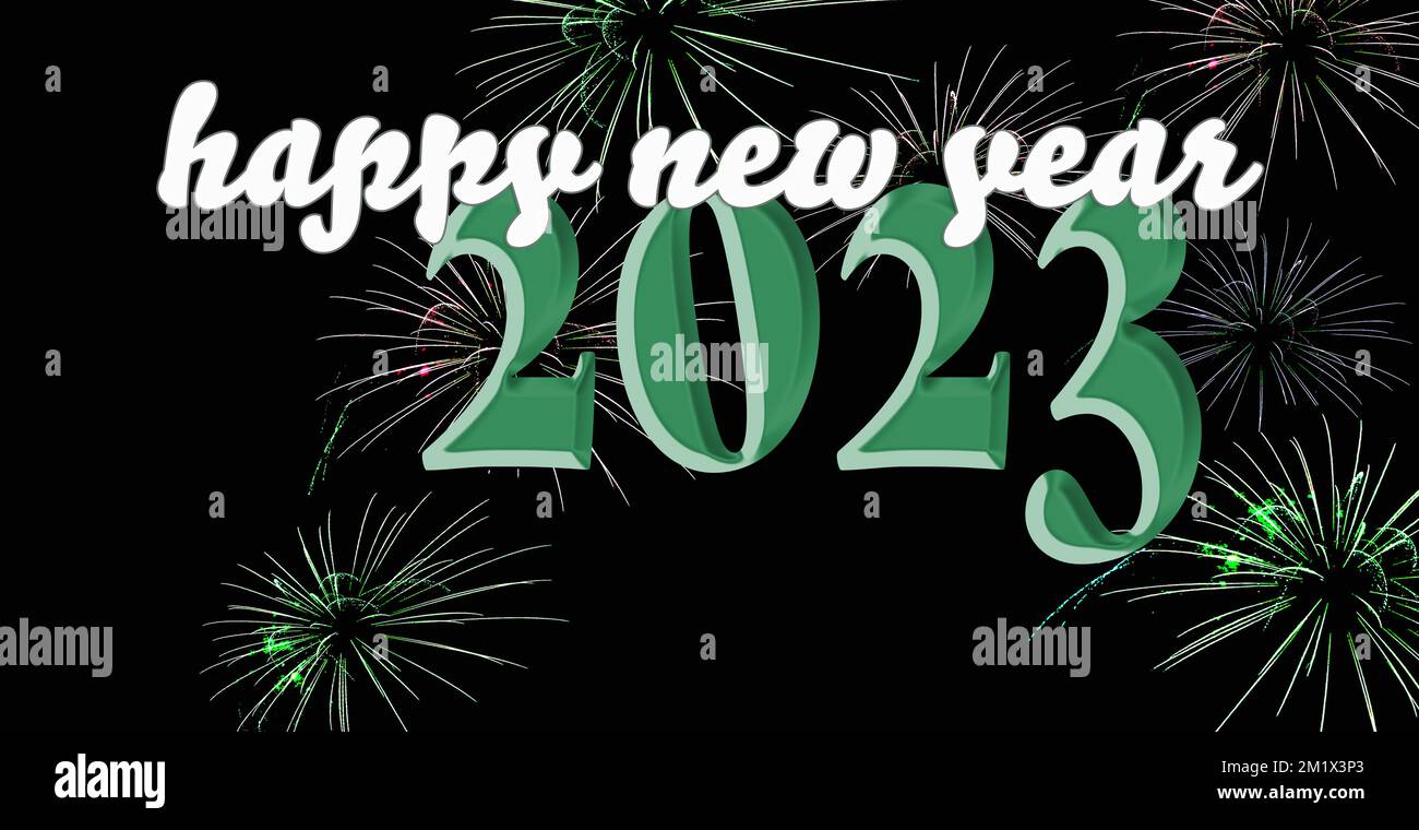 Happy New Year 2023 in white and green with green and pink fireworks. For New Year's Eve sign,  invitation, banner, cover, background, header Stock Photo