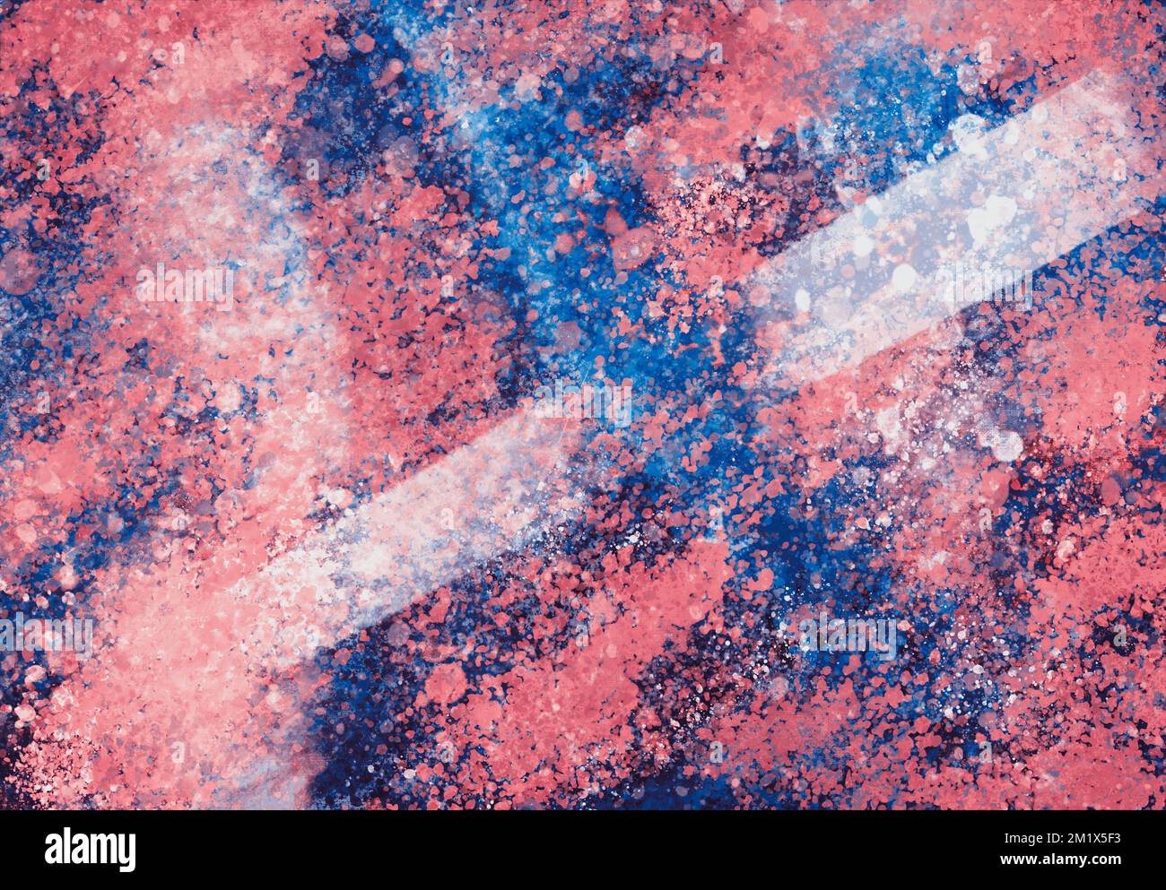 Digitally painted splatter abstract coral pink and blue background with